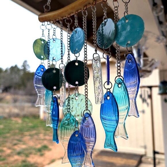 Stunning Stained Glass & Blue Glass Fish Wind Chime - Beach Decor - Picture 5 of 14